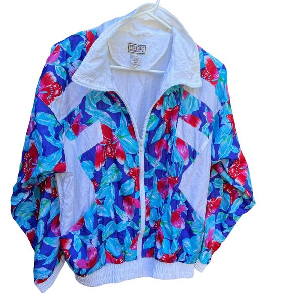 VTG 80s Nylon Track Jacket Women's Medium White Parachute Full Zip Bright Floral - Picture 2 of 5